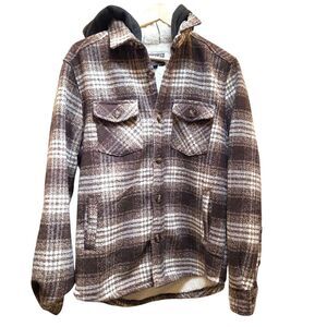 Distortion Men's Plaid Sherpa Hoodie Jacket Brown & White Size S Cozy Warm Fall